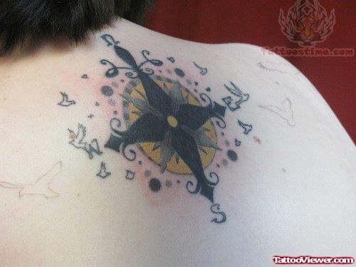Upper Back Color Compass Tattoo