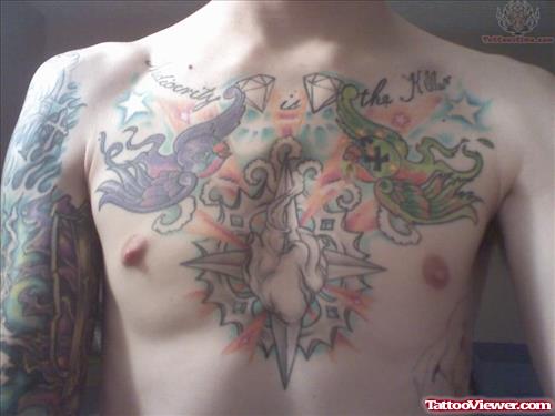 Swallow And Heat Compass Tattoo On Chest
