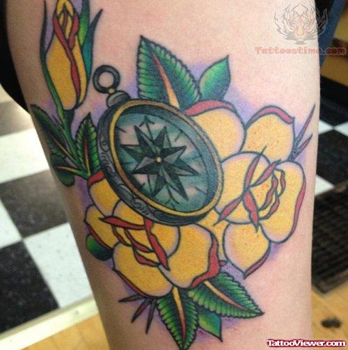 Yellow Flower And Compass Tattoo