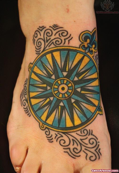 Colored Compass Tattoo On Foot