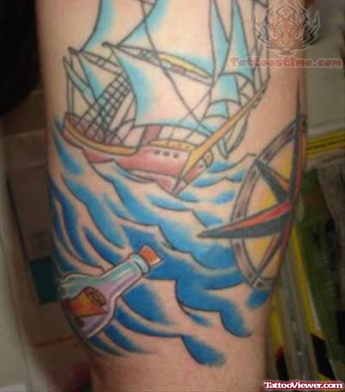 Sea Boat And Compass Tattoo