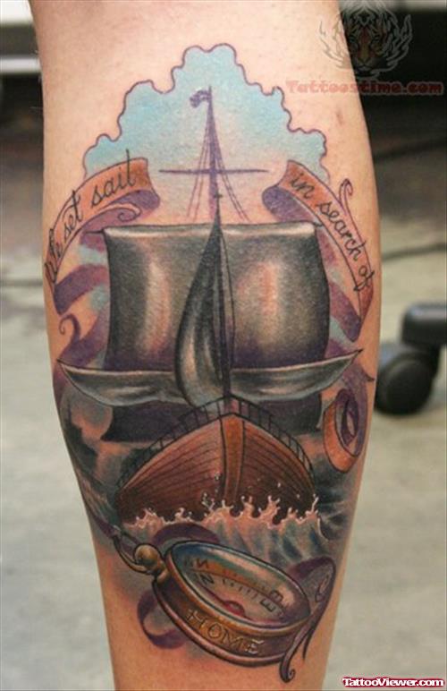 Traditional Ship And Compass Tattoo
