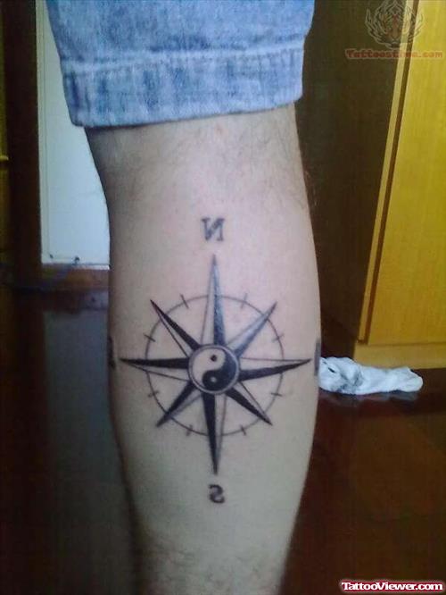 Yin Yang Compass Tattoo On Calf