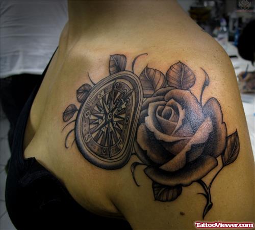 Rose And Compass Tattoo On Shoulder