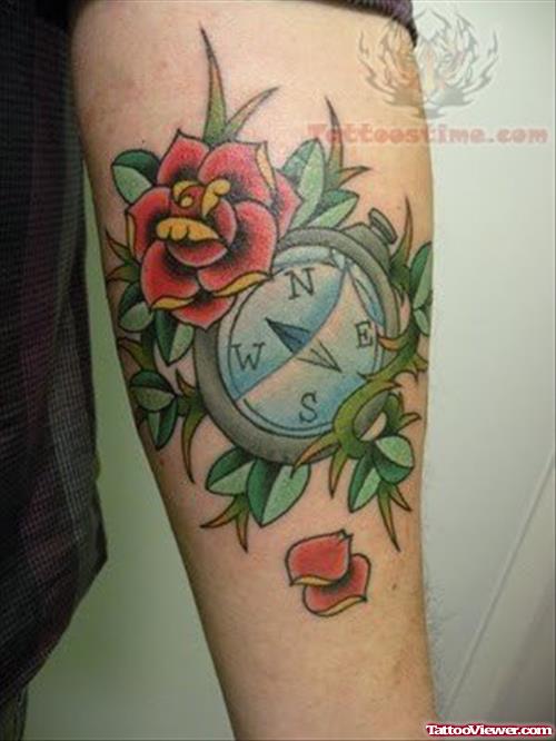 Rose And Compass Tattoo On Arm