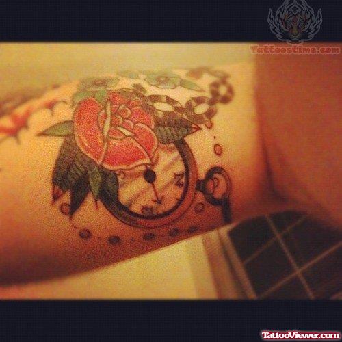 Red Rose And Compass Tattoo On Triceps