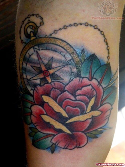 Red Rose And Compass Tattoo