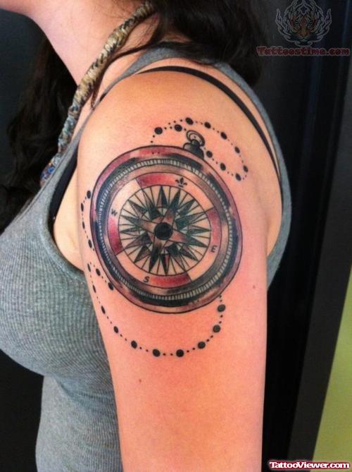 Compass Tattoo on Girl Shoulder