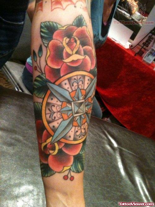 Flowers And Compass Tattoo