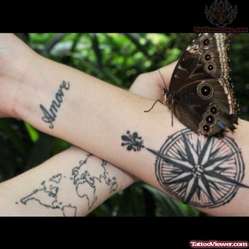 Compass And Map Tattoos On Arms