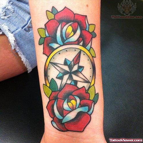 Roses And Compass Tattoo