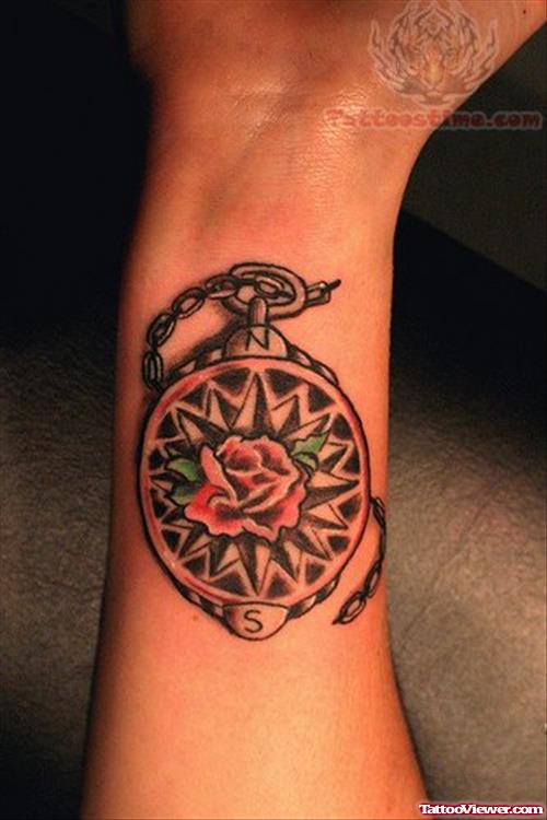 Compass and Rose Tattoo On Wrist