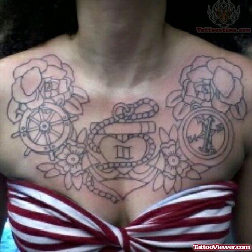 Boat Wheel And Compass Tattoo On Chest