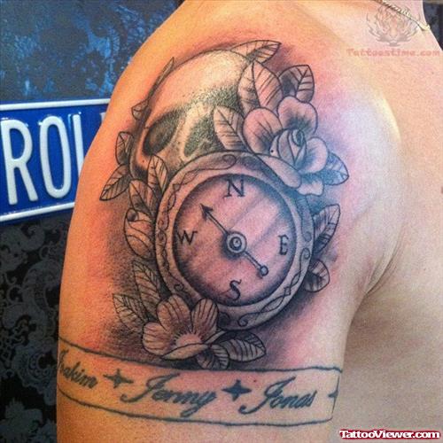 Compass And Banner Tattoo On Shoulder