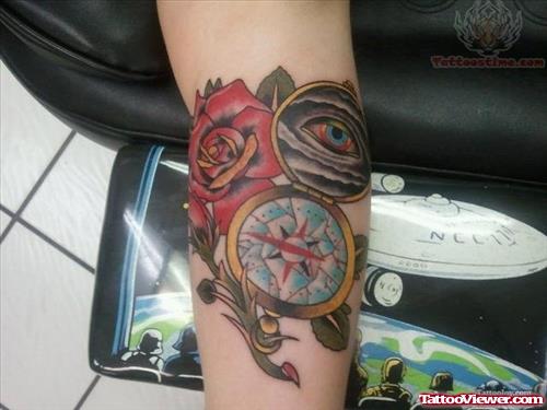 Rose And Eye Compass Tattoo