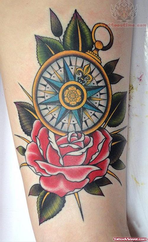 Red Rose And Compass Tattoo On Sleeve