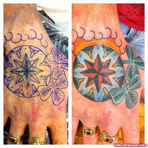 Compass And Irish Tattoo On Hand