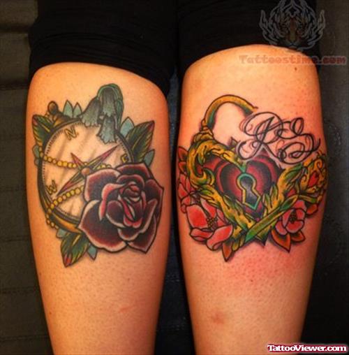Heart Lock And Compass Tattoos On Calf