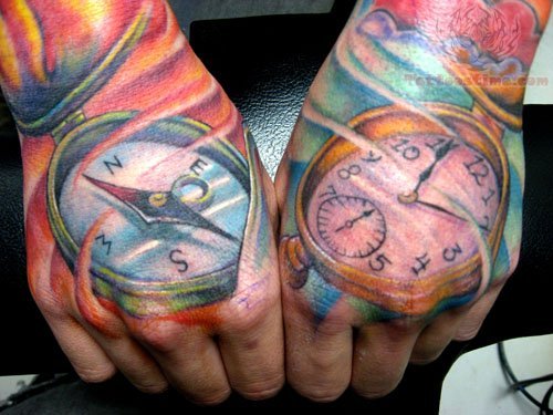 Compass And Watch Tattoos On Hand
