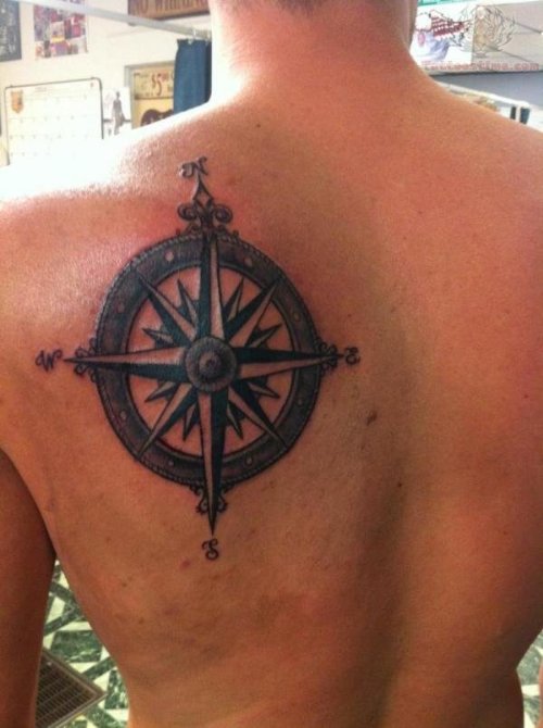 Compass Tattoo On Men Back Shoulder