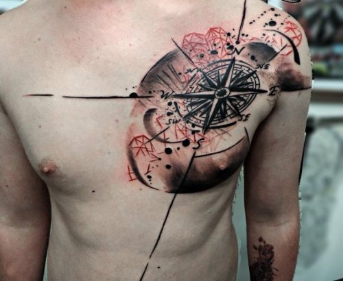 Black And Grey Compass Tattoo On Chest For Men