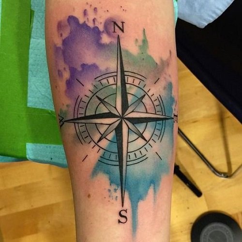 Watercolor Compass Tattoo On Forearm
