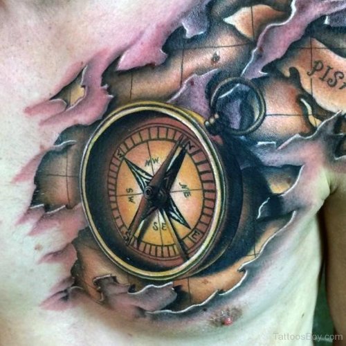 3D Compass Tattoo On Man Chest