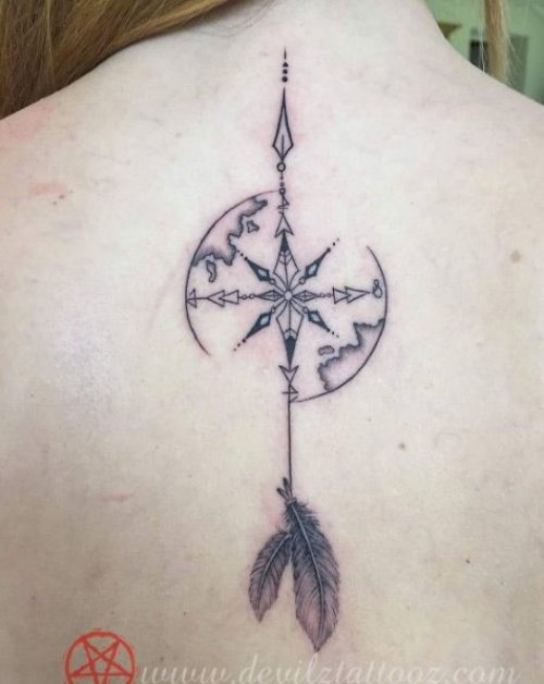 Grey Ink Arrow And Compass Tattoo On Upper Back