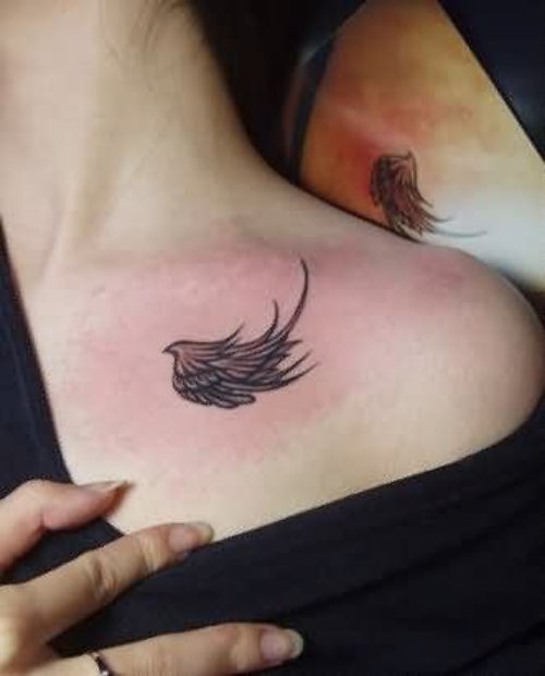 Grey Ink Couple Tattoo On Left Collarbone