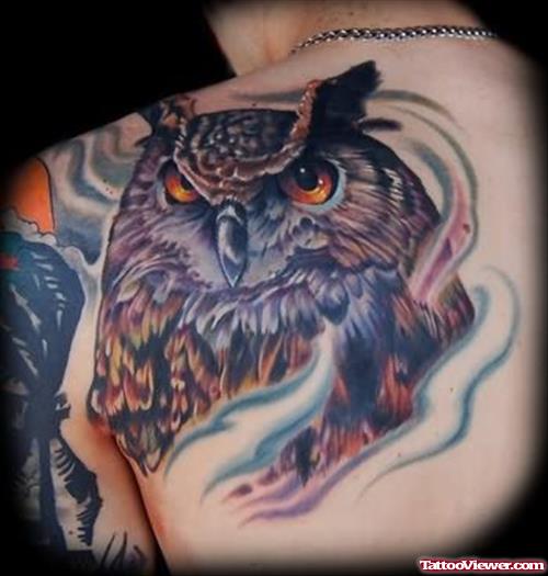 Crab And Owl Tattoo On Back Shoulder