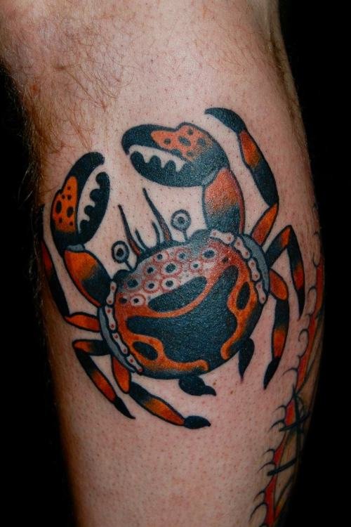 Side Leg Color Crab Tattoo Idea