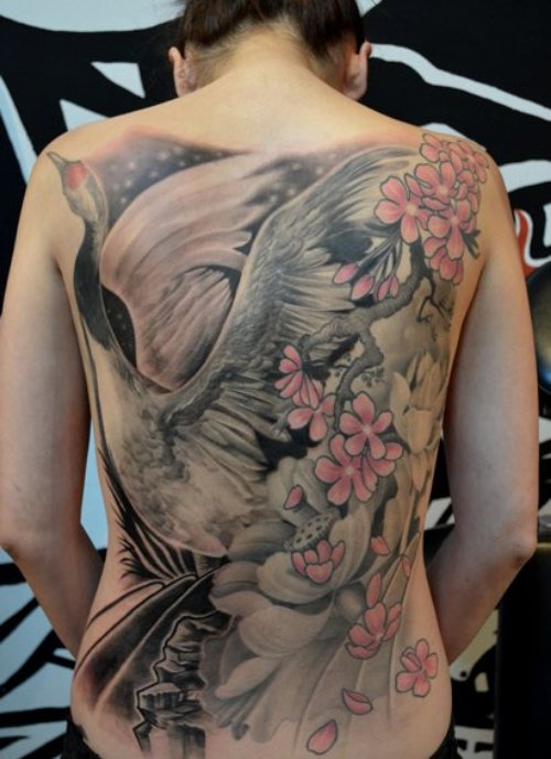 Color Flowers and Crane Tattoo On Back