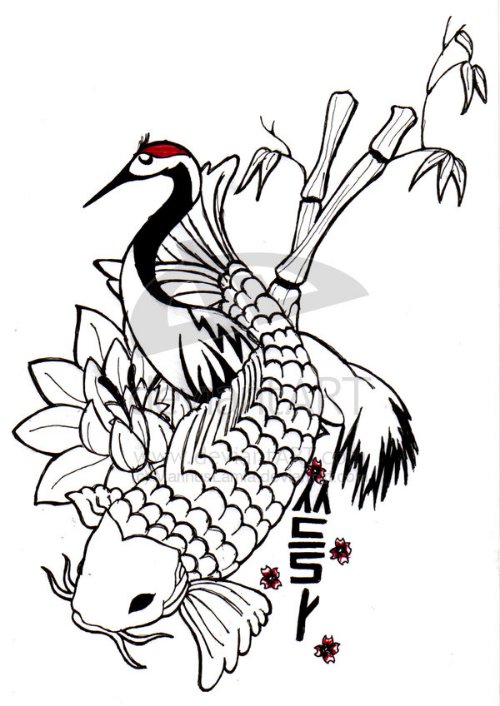 Koi Fish And Crane Tattoo Design