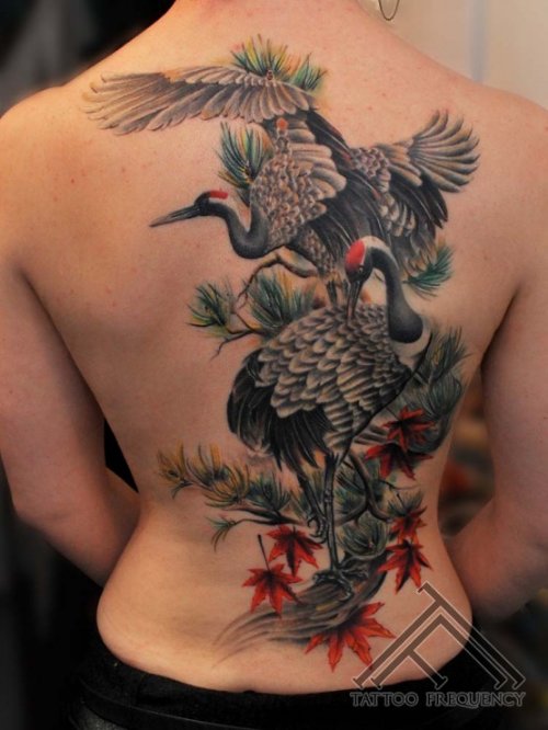 Grey Ink Crane Tattoo On Back Body For Men