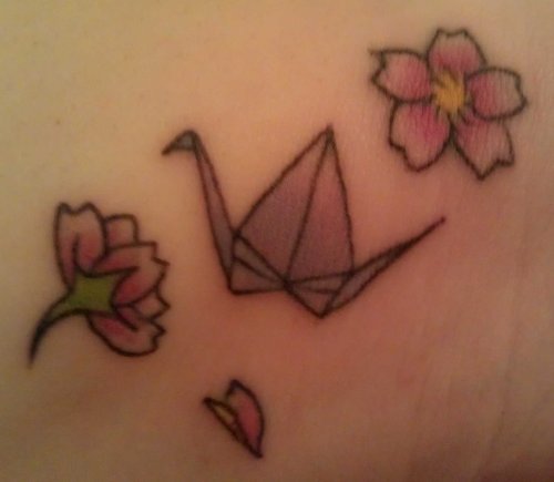 Red Flowers and Crane Tattoo