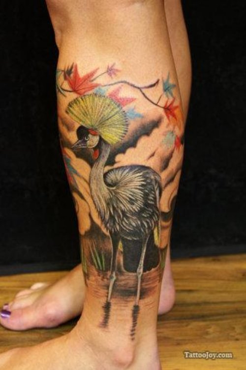 Color Crane Tattoo On Left Leg