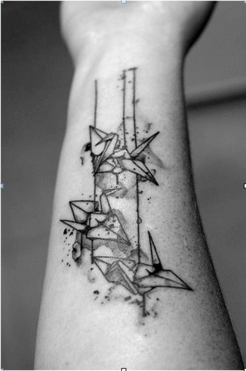 Grey Ink Crane Tattoo On Right Forearm