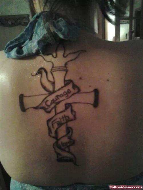 Cross With Banner Tattoo On Back