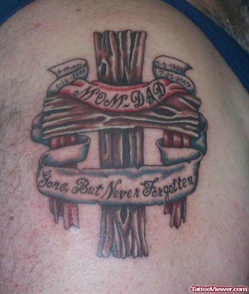 Mom Dad Banner With Cross Tattoo On Shoulder