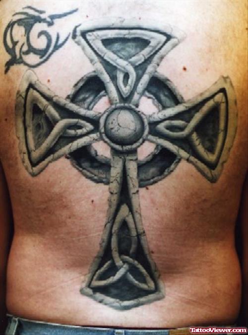 Grey Ink Celtic Cross Tattoo On Back