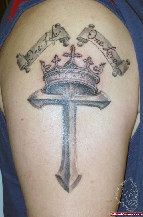 Crown And Cross Tattoo On Half Sleeve
