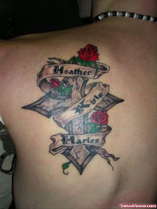 Cross and Banner With Red Roses Tattoo