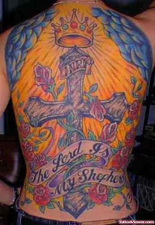 Colored Ink Crown Cross and Flowers Tattoo On Back