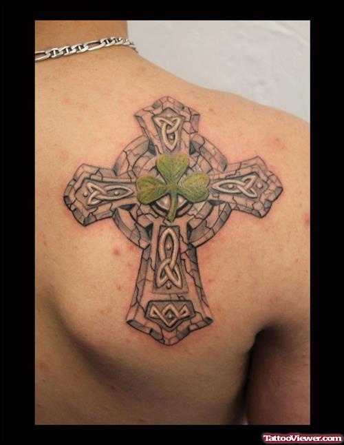 Clover Leaf And Cross Tattoo On Right Back Shoulder