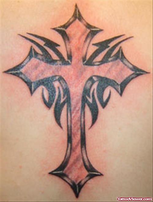 Black Ink Tribal And Cross Tattoo