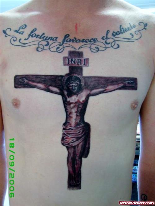 Religious Jesus On Cross Tattoo on Chest