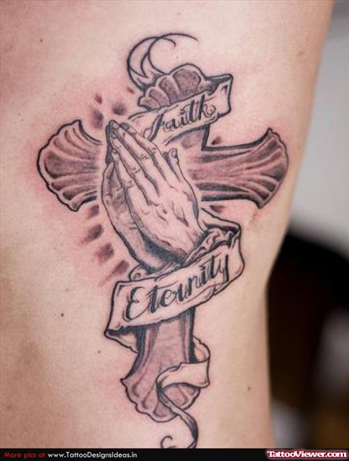 Praying Hands And Cross With Banner Tattoo