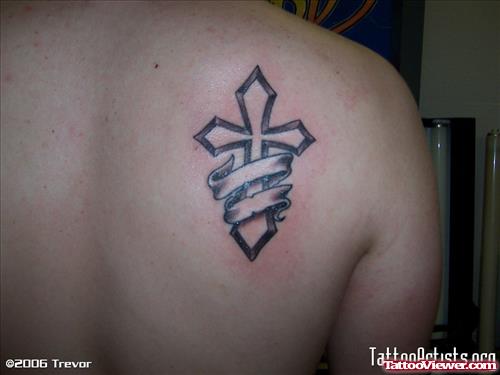 Outline Cross And Banner Tattoo On Right Back Shoulder