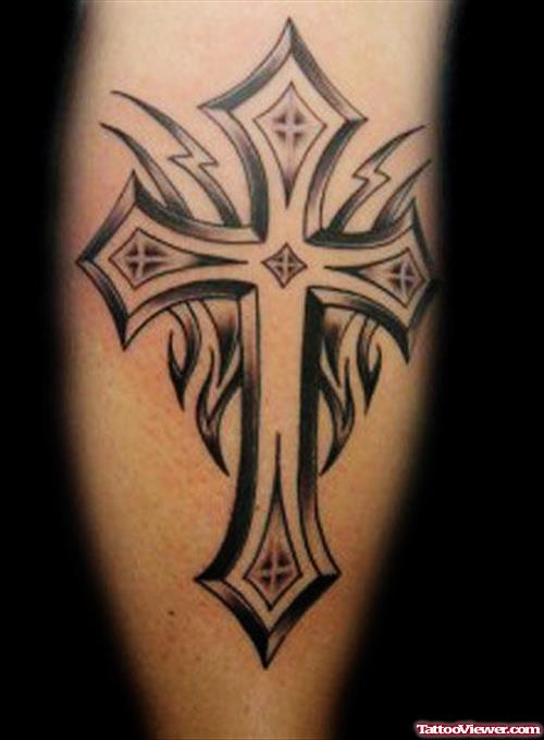 Grey Ink Tribal And Cross Tattoo For Men