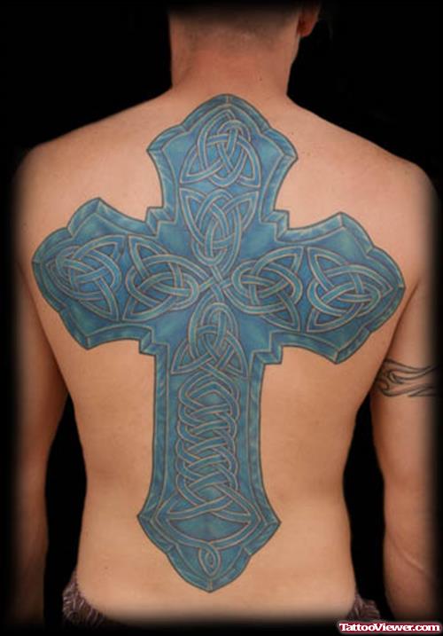 Blue Ink Celtic Cross Tattoo On Back